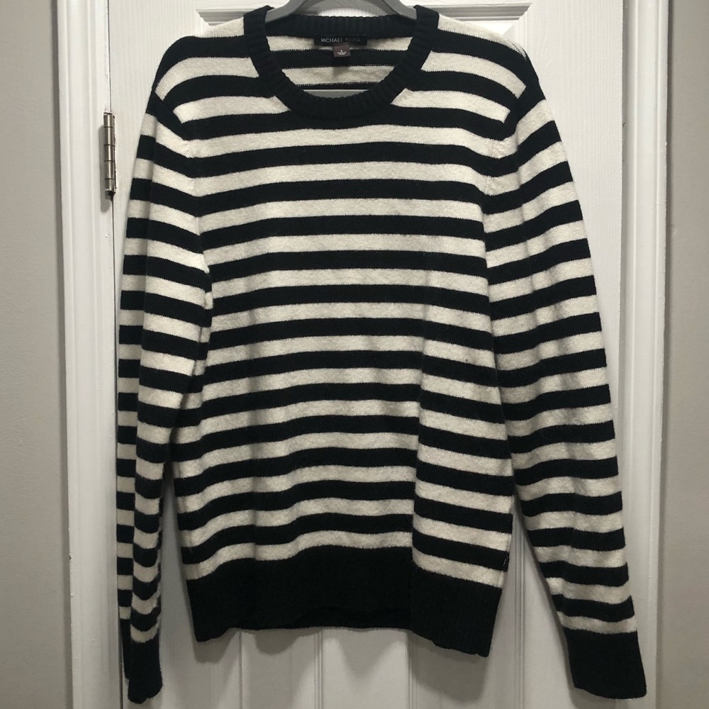 Michael Kors Mens Black + White Striped Sweater
